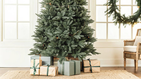 Christmas tree and gifts in the interior of the living room with a large windowの写真素材