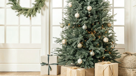 Christmas living room with decorated christmas tree, gifts and garlandの写真素材
