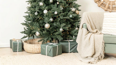 Christmas tree with presents under it in living room. Winter holiday conceptの写真素材