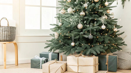 Christmas tree with presents under it in living room at home. Christmas and New Year concept.の写真素材