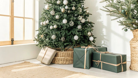 Christmas tree with gifts in the living room at home. Christmas backgroundの写真素材
