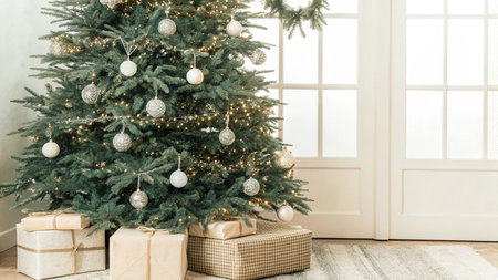 Christmas tree with presents on the background of a large window in a roomの写真素材