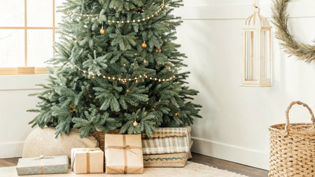Christmas tree with presents and wicker basket on carpet in living roomの写真素材