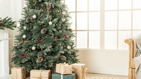 Christmas tree with presents in living room. Christmas and New Year conceptの写真素材
