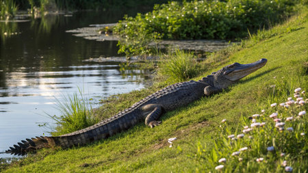Alligator resting on the bank of a river in Floridaの写真素材