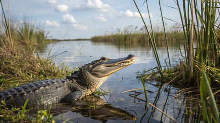 Alligator resting on the grass in the Florida Evergladesの写真素材
