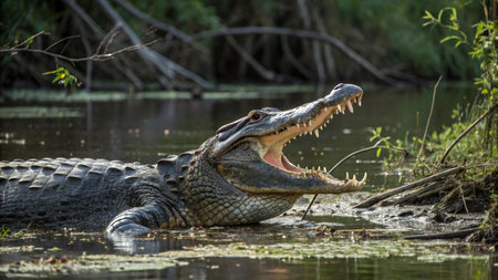 Alligator with open mouth in the water