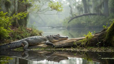 Crocodile with open mouth in the Pantanal, Brazilの写真素材