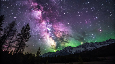 Milky Way in the mountains. Aurora borealis and stars.