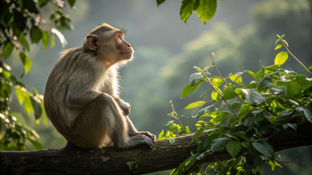 Monkey sitting on a branch in the forest, Thailand, Asiaの写真素材