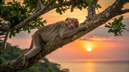 Monkey sitting on a tree at sunset in Khao Lak, Thailand