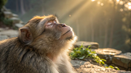 Monkey sitting on a rock in the sun. Close-up.の写真素材