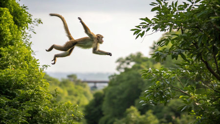 Monkey jumping in the forest. Monkey on the tree. Macaca fascicularisの写真素材