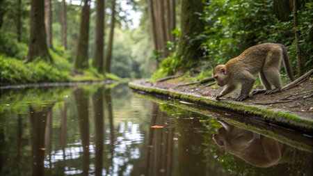 Monkey on the bank of the river in the forest with reflectionの写真素材