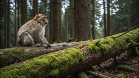 Monkey sitting on a log in the forest. Monkey in the forestの写真素材