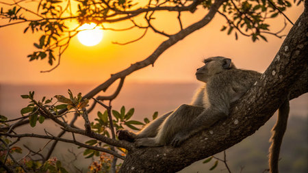 Monkey sitting on a tree in the sunset, Serengeti National Park, Tanzaniaの写真素材