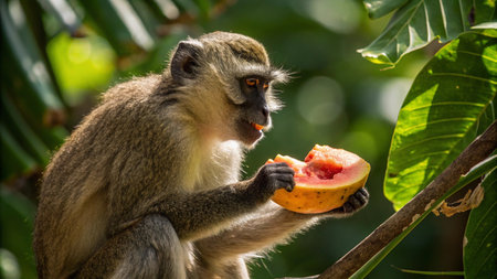 Vervet monkey eating a slice of watermelon in the jungleの写真素材