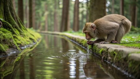 Japanese macaque (Macaca fascicularis) sitting in a small stream