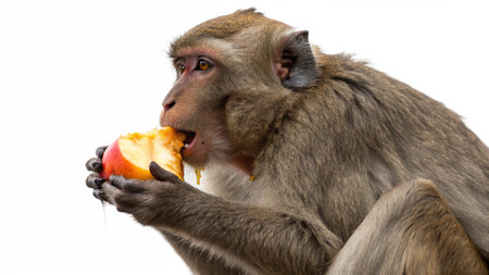 Monkey eating an apple isolated on white background with clipping path.の写真素材