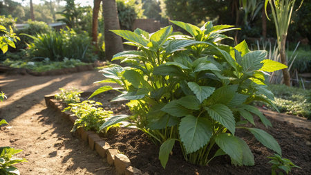 Basil plant growing in the garden on a sunny summer day.