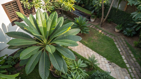 Tropical garden with palm trees and plants. Tropical garden.の写真素材