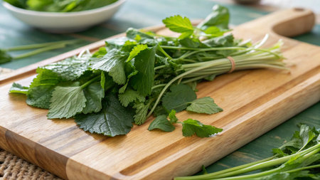 Fresh mint leaves on wooden cutting board and green background, healthy food.