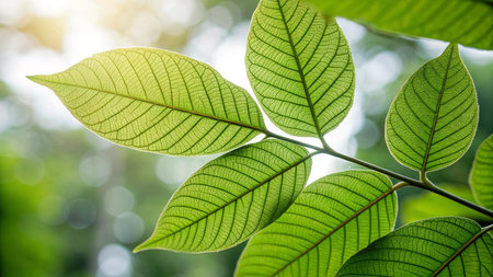 Close up of green leaves with sunlight in the morning. Nature background