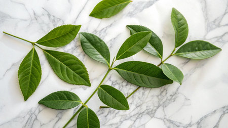 Green leaves on white marble background with copy space. Flat lay.の写真素材
