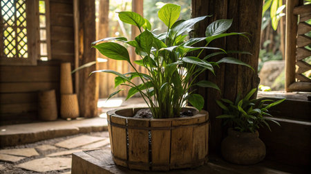 Indoor plants in a wooden pot on the porch of a country houseの写真素材