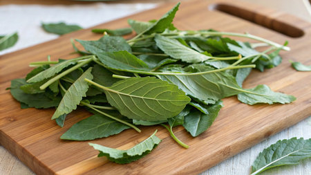 Bunch of fresh green basil leaves on a wooden cutting board.の写真素材