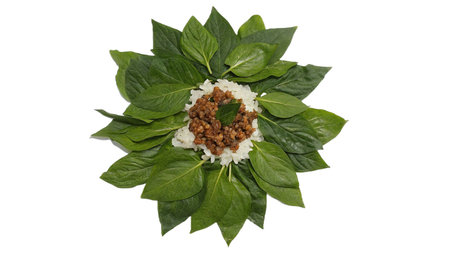 Rice with minced meat and basil leaves isolated on white background.の写真素材