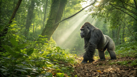 Lowland Gorilla in the rainforest with sunbeams.の写真素材