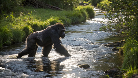 Gorilla crossing a stream in the Okavango Delta, Botswana