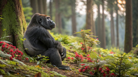 Gorilla sitting on the ground in a forestの写真素材