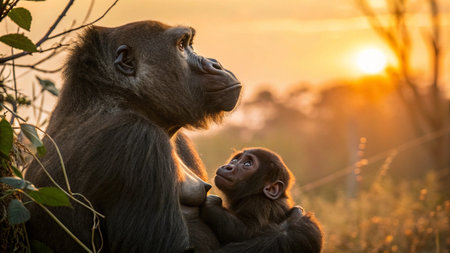 Chimpanzee mother with baby in the nature habitat at sunsetの写真素材