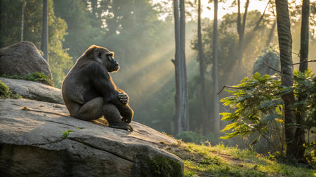 Gorilla sitting on a rock and looking at the sun.の写真素材