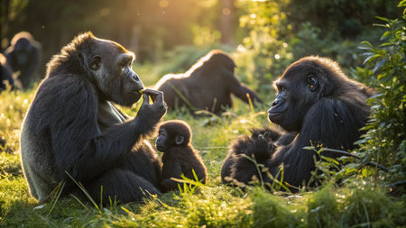 Gorilla mother with her baby at sunset in the forest.の写真素材
