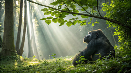 Gorilla in the rainforest with sunbeams in the backgroundの写真素材