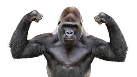 Close-up of a strong male gorilla isolated on a white backgroundの写真素材