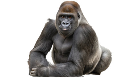 Gorilla sitting, isolated on white background, front view.の写真素材