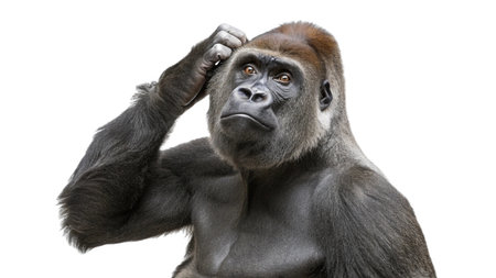 Close-up portrait of a western lowland gorilla isolated on white backgroundの写真素材