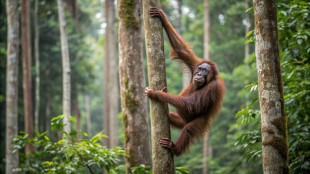 Orangutan sitting on a tree in the rainforest of Borneo