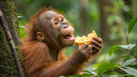 Orangutan eating an orange in the jungle of Sumatra, Indonesiaの写真素材