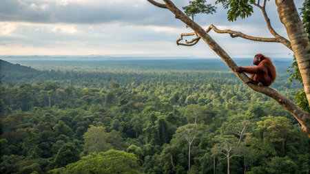 Bornean orangutan (Pongo pygmaeus) on a treeの写真素材