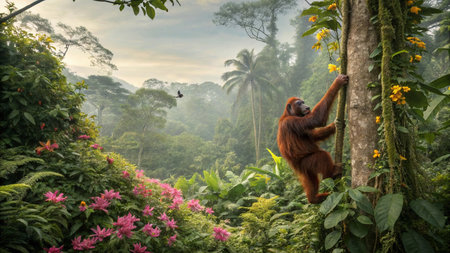 Orangutan in the rainforest of Borneo, Malaysiaの写真素材