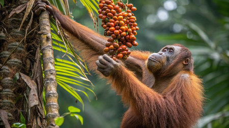 Bornean orangutan with fruits in Borneo, Malaysia