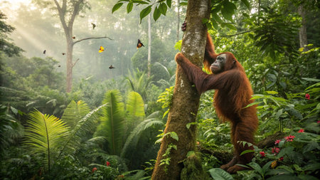 Orangutan in the rainforest of Borneo, Malaysiaの写真素材