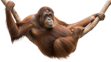 Orangutan on a tree isolated on white background. Studio shot.の写真素材