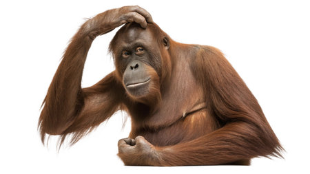 Bornean Orangutan, Pongo pygmaeus, sitting in front of white backgroundの写真素材