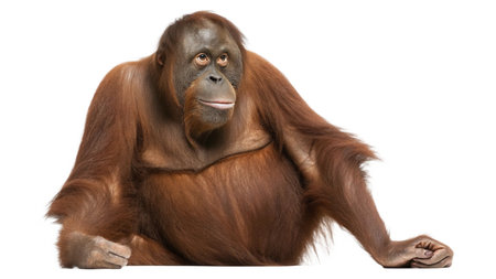 Bornean orangutan, Pongo pygmaeus, sitting in front of white backgroundの写真素材